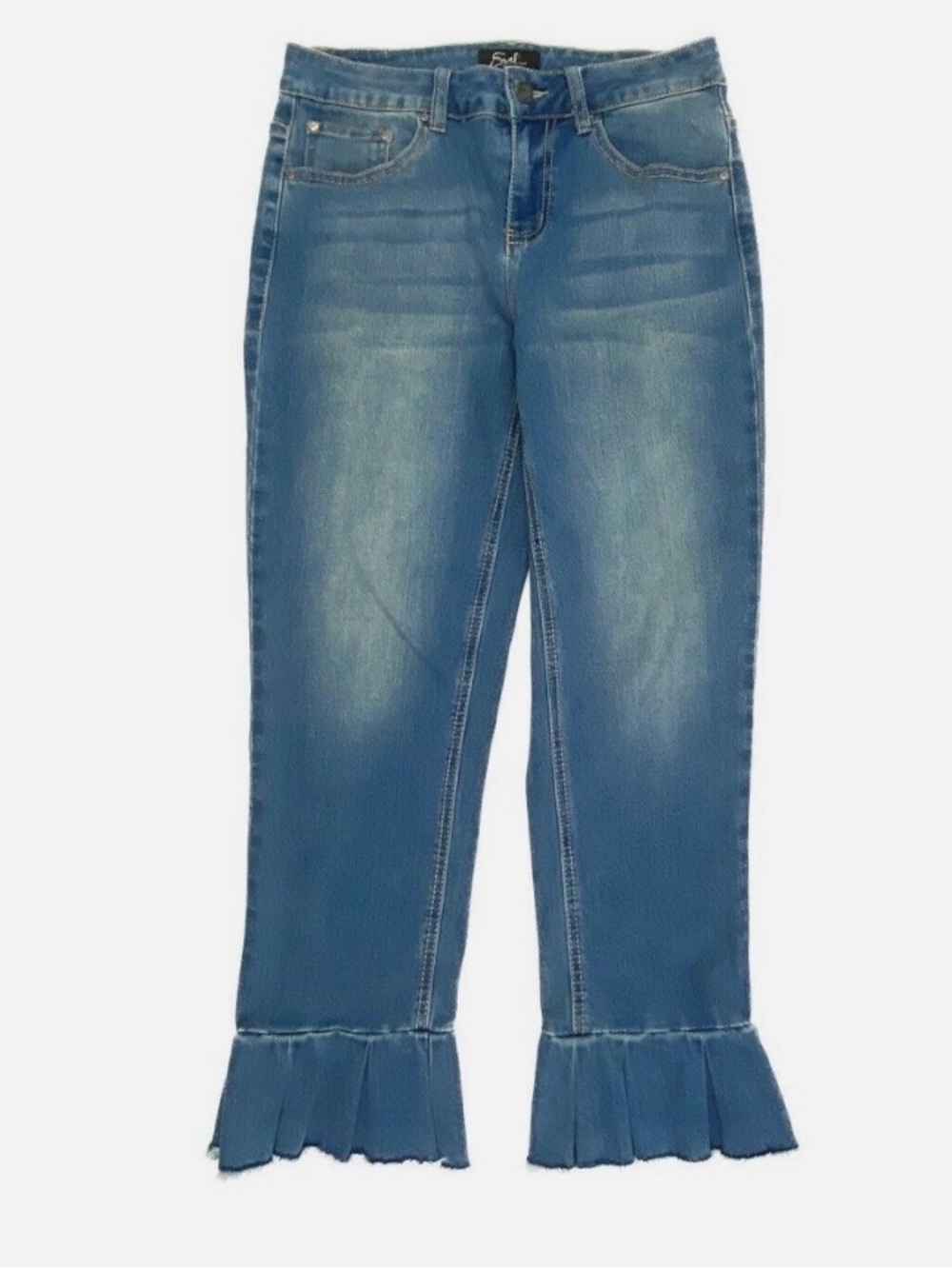 Earl Jeans Medium Blue Ruffle-Hem Cropped  Jeans